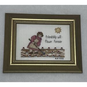 VTG Framed Cross Stitch Friend Wall Art Friendship Needle Point Gold Frame 9x7